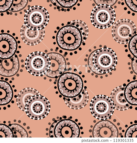 Seamless pattern with geometric aboriginal ornament. Ethnic tribal rounded color background. Afican, australian motiph. Dots painting. Vector illustration, template design for cloth, card, fabric 119301335