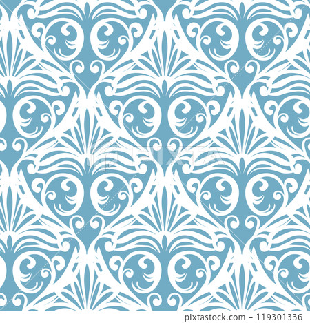 Seamless vintage pattern with curls. Wallpaper in the style of Baroque. Floral ornament. Ethnic tribal background. Vector illustration, template design for cloth, packaging, card, fabric 119301336