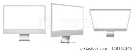 Three computer monitors showing blank screens 119301346