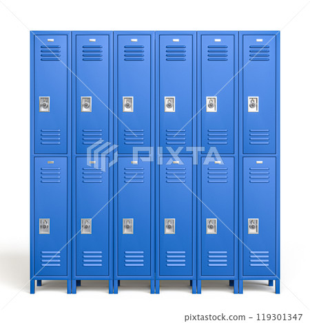 Row of blue metal school lockers standing closed 119301347