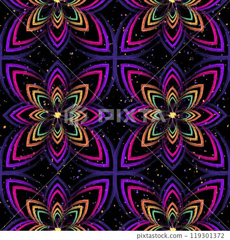 Seamless pattern with abstract simple 8 petal flower. Outline contour geometric shapes in grunge psychedelic style. Bright paint strokes on dark background. Neon colors. 119301372