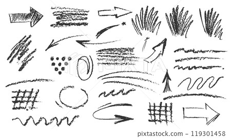 Charcoal pencil hand drawing curly lines, splash, squiggles and shapes. Black elements on white background. Grunge chalk crayon scribbles doodles textures. Rough crayon strokes. Vector illustration Charcoal pencil hand drawing curly lines, splash, squiggles and shapes. Black elements on white background. Grunge chalk crayon scribbles doodles textures. Rough crayon strokes. Vector illustration 119301458