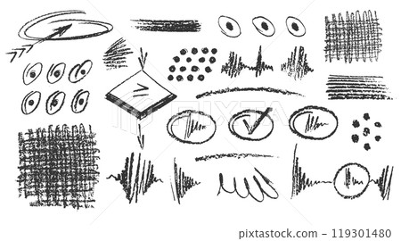Charcoal pencil hand drawing curly lines, splash, squiggles and shapes. Black elements on white background. Grunge chalk crayon scribbles doodles textures. Rough crayon strokes. Vector illustration Charcoal pencil hand drawing curly lines, splash, squiggles and shapes. Black elements on white background. Grunge chalk crayon scribbles doodles textures. Rough crayon strokes. Vector illustration 119301480