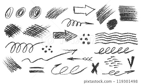 Charcoal pencil hand drawing curly lines, splash, squiggles and shapes. Black elements on white background. Grunge chalk crayon scribbles doodles textures. Rough crayon strokes. Vector illustration Charcoal pencil hand drawing curly lines, splash, squiggles and shapes. Black elements on white background. Grunge chalk crayon scribbles doodles textures. Rough crayon strokes. Vector illustration 119301498