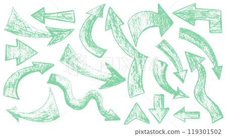 Set of crayon hand drawn arrows in different directions. Chalk, brush, marker drawing bold elements Collection doodle thick geometric shapes for collage Brutal contemporary figures Vector illustration 119301502