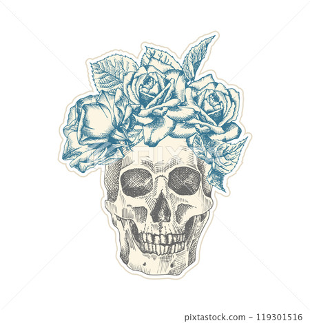 Vintage sticker human skull with wreath flowers rose. Art collage Zine Culture style. Hipster barber shop concept. Tattoo, t-shirt design Realistic hand drawn sketch. Skeleton head Vector illustration 119301516