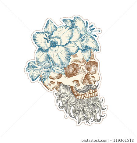 Vintage sticker human skull with wreath flowers lily. Art collage Zine Culture style. Hipster barber shop concept. Tattoo, t-shirt design Realistic hand drawn sketch. Skeleton head Vector illustration 119301518