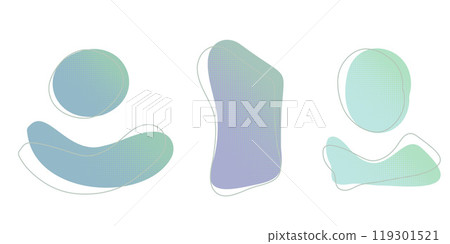 Blue green liquid halftone drops water shapes set, splashes collection. Paint spot, blot, rain puddle, oil blobs. Irregular abstract graphic design elements Transparent background. Vector illustration 119301521