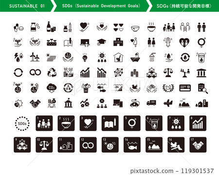 Icon set of SDGs (Sustainable Development Goals). Illustrations related to sustainability and ecology. Icon set of SDGs (Sustainable Development Goals). Illustrations related to sustainability and ecology. 119301537