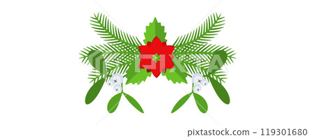 Christmas floral border. Spruce evergreen branch, poinsettia and holly berry 119301680