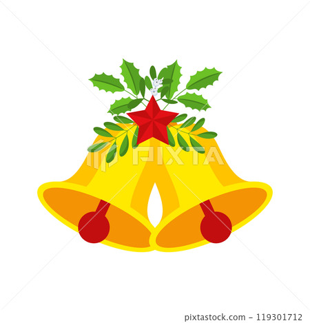 Two Christmas bells with red star and floral garland. Two Christmas bells with red star and floral garland. 119301712