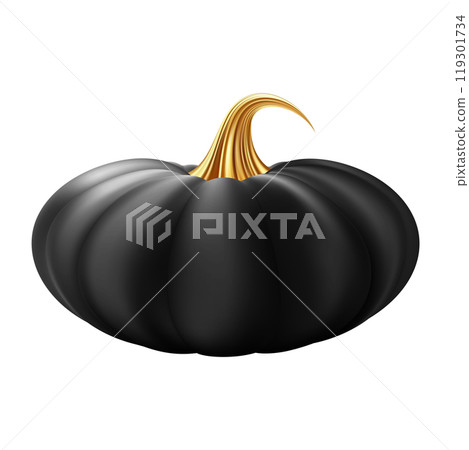 3d realistic pumpkin. Black pumpkin with golden stem. 119301734
