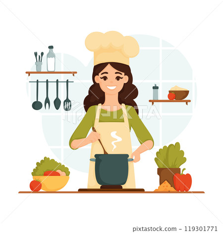 Illustration of a happy female chef cooking in the kitchen, stirring a pot on the stove, surrounded by fresh vegetables and kitchen utensils. 119301771