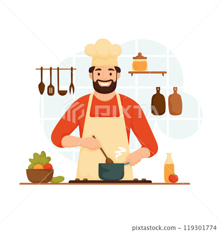 Illustration of a smiling bearded chef stirring a pot in the kitchen, surrounded by fresh vegetables, cooking utensils, and kitchen tools. 119301774