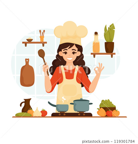 Illustration of a cheerful female chef in the kitchen holding a spoon and making an OK gesture while cooking on the stove. 119301784