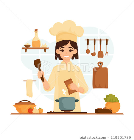 Illustration of a happy female chef preparing a meal in the kitchen, holding a spoon and adding ingredients to a pot. Illustration of a happy female chef preparing a meal in the kitchen, holding a spoon and adding ingredients to a pot. 119301789
