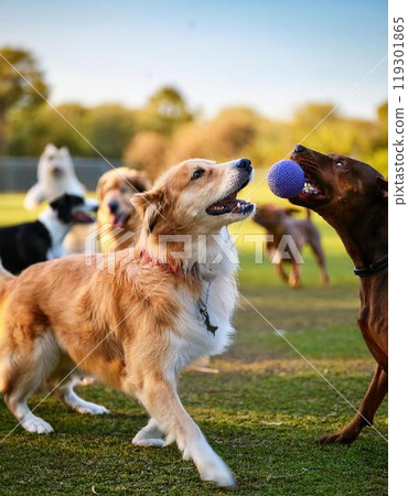 A dog playing happily with other dogs at a dog park A dog playing happily with other dogs at a dog park 119301865