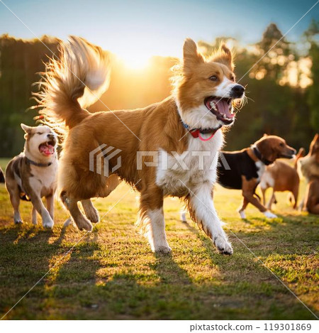一隻狗在狗公園裡快樂地與其他狗玩耍 一隻狗在狗公園裡快樂地與其他狗玩耍 119301869