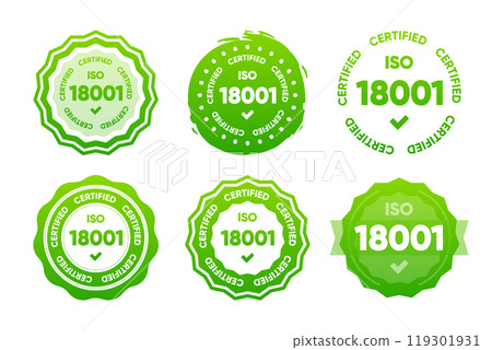 18001 Iso certified standarts collection. International Organization for Standardization stamp. Vector illustration. 119301931