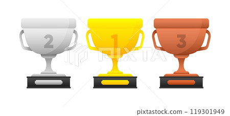 Winner award for 1st, 2nd, 3rd place. Prizes for winner. Gold, silver and bronze cups. Vector illustration. 119301949