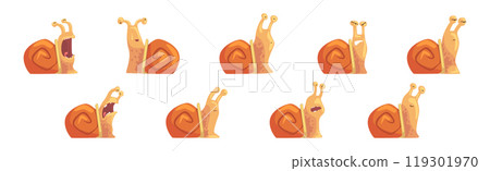 Funny Snail with Spiral Shell Show Different Emotion Vector Set 119301970
