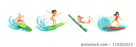 Man and Woman Surfer Ride Ocean Wave on Surfboard Vector Set Man and Woman Surfer Ride Ocean Wave on Surfboard Vector Set 119302023