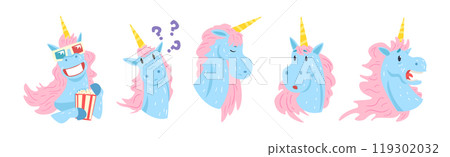 Funny Unicorn Character with Horn and Different Emotion Vector Set 119302032