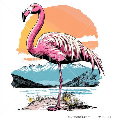 Vibrant Andean Flamingo Illustration with Majestic Mountain Landscape Background 119302074