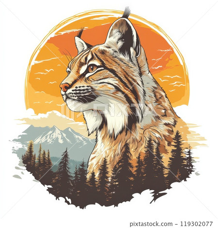 Majestic Balkan Lynx Illustration Against a Stunning Mountain Sunset Background 119302077