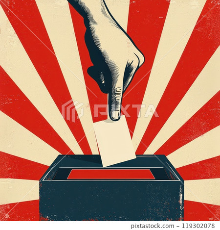 Historic Representation of Democracy: Hands Casting Ballot Into a Voting Box 119302078