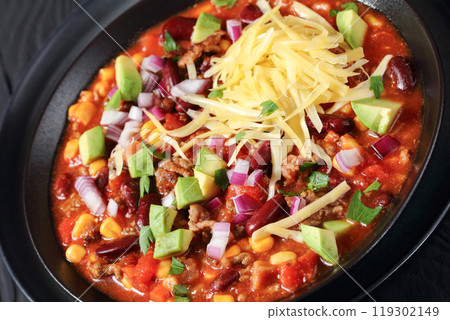 taco soup with kidney bean, corn, ground beef 119302149