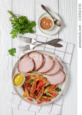 German potato noodles with sous vide pork loin cut German potato noodles with sous vide pork loin cut 119302150