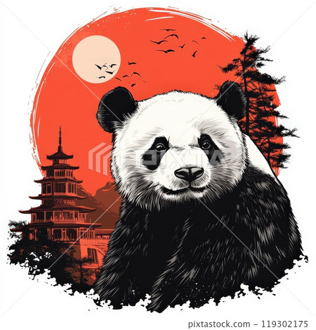 Captivating Giant Panda Against a Vibrant Red Background with Architecture and Nature 119302175