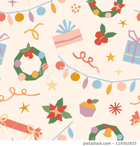 Cute Christmas vector seamless pattern. Modern festive xmas design with poinsettia, wreath, garland, gift box on pastel pink background. Happy New year geometric repeated design, pastel retro colors  119302655