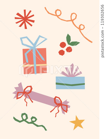 Modern Merry Christmas card vector illustration. Hand drawn cute festive xmas design with gift boxes, ribbons and holly berries on pastel pink background, minimal geometric style, retro color palette 119302656