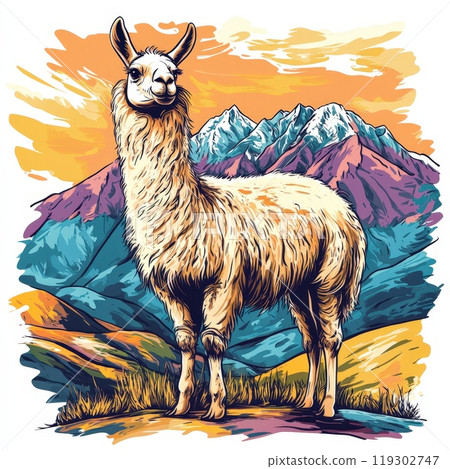 Hand-drawn Llama Illustration with Majestic Mountains in the Background 119302747