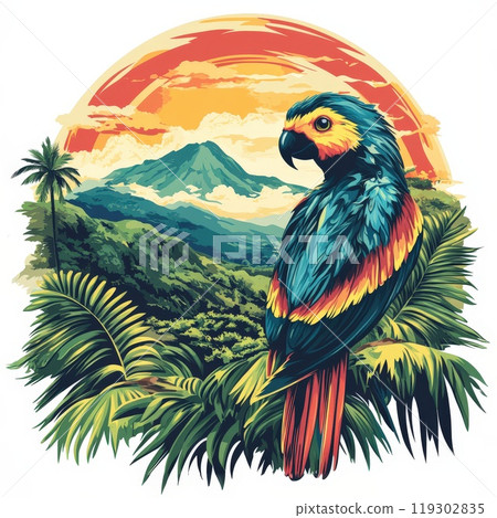 Stunning Resplendent Quetzal Perched Amid Lush Tropical Landscapes and Mountains 119302835