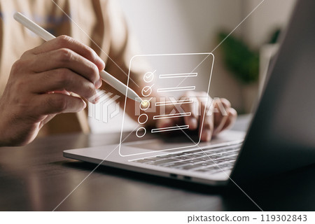 Streamlining tasks with virtual checklists and smart technology. Leveraging tech tools to stay organized and focused on key goals. Streamlining tasks with virtual checklists and smart technology. Leveraging tech tools to stay organized and focused on key goals. 119302843