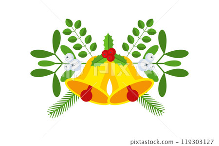 Christmas garland with bells and plant branches, flowers and berries. Christmas garland with bells and plant branches, flowers and berries. 119303127