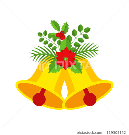 Two Christmas bells with poinsettia flower and fir branch floral garland. Two Christmas bells with poinsettia flower and fir branch floral garland. 119303132