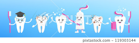 Funny cute smile and sad teeth characters. Dental health. Funny cute smile and sad teeth characters. Dental health. 119303144