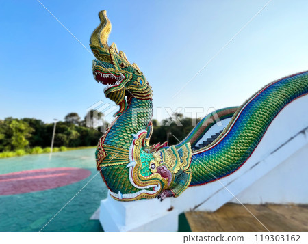 Naga King with Buddha Statue Beautiful Naga Statue, chinese dragon statue in temple, Thai dragon or serpent king statue 119303162