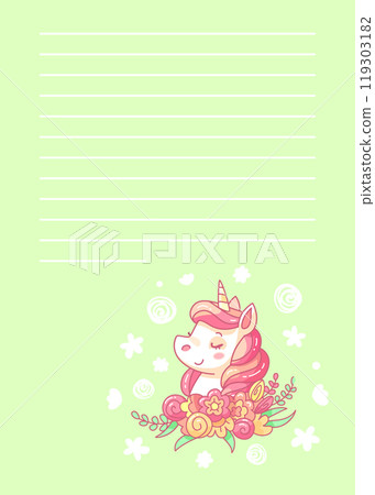 Cute cartoon unicorn smiling surrounded by flowers on a notebook page background with space for text. Vector illustration Cute cartoon unicorn smiling surrounded by flowers on a notebook page background with space for text. Vector illustration 119303182