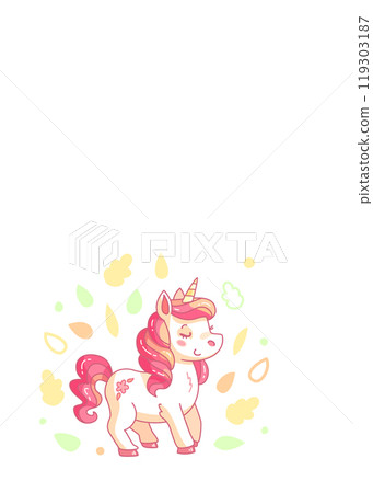 Cute pink unicorn standing calmly in an autumnal forest, perfect for children s illustrations. Vector illustration 119303187