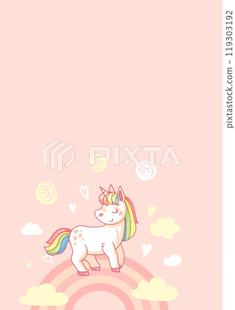 Cute cartoon unicorn is standing on a rainbow with a pink background, perfect for children s designs. Vector illustration 119303192