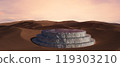 3d render illustration A large, circular structure is sitting in the middle of a desert 119303210
