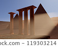 3d render illustration A desert landscape with three pyramids and four pillars 119303214