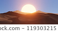 3d render illustration A desert landscape with a large sun in the sky 119303215