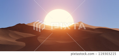 3d render illustration A desert landscape with a large sun in the sky 119303215