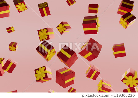 A bunch of red boxes with yellow ribbons are flying through the air, 3d render 119303220